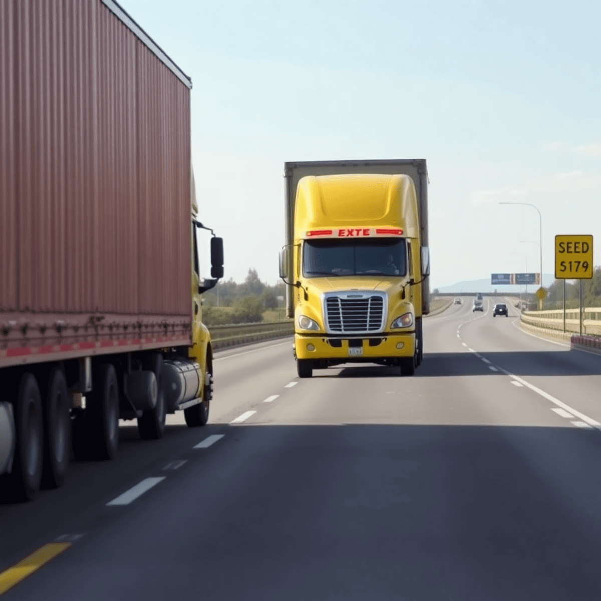 Bright yellow escort vehicle with flashing lights leading an oversized load truck on a clear highway, highlighting safety and traffic control.