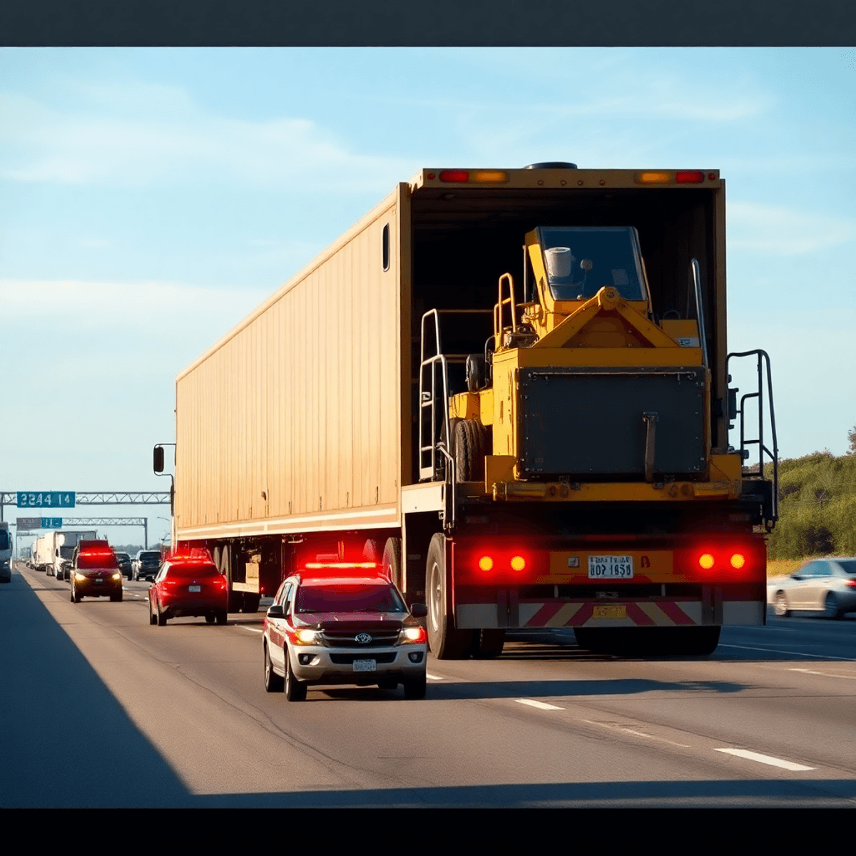 Oversized truck transporting large construction equipment on highway, flanked by escort vehicles with flashing lights under a clear sky.